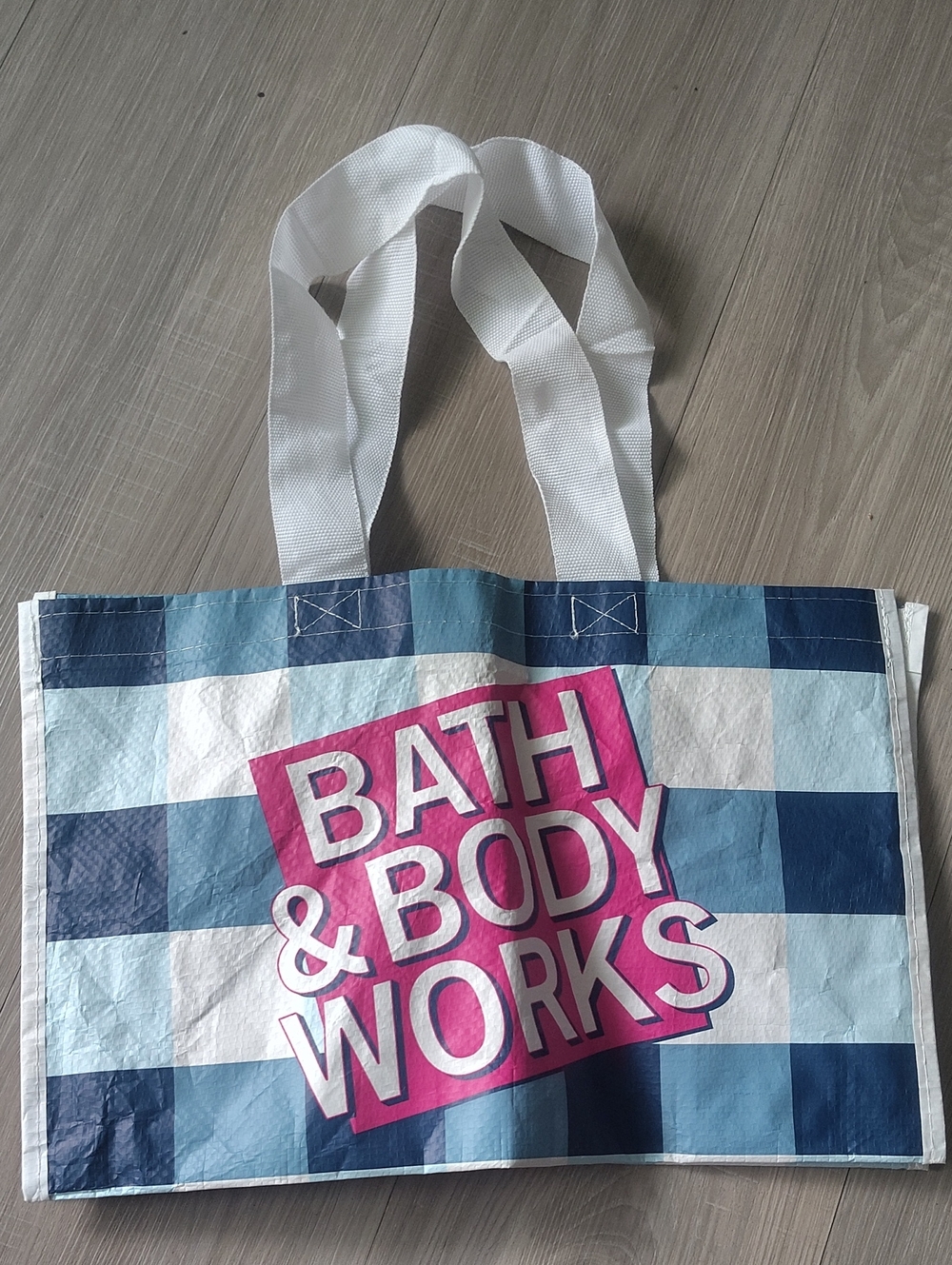 Bath & Body Works Blue Checkered Tote with Pink Logo and White Handles